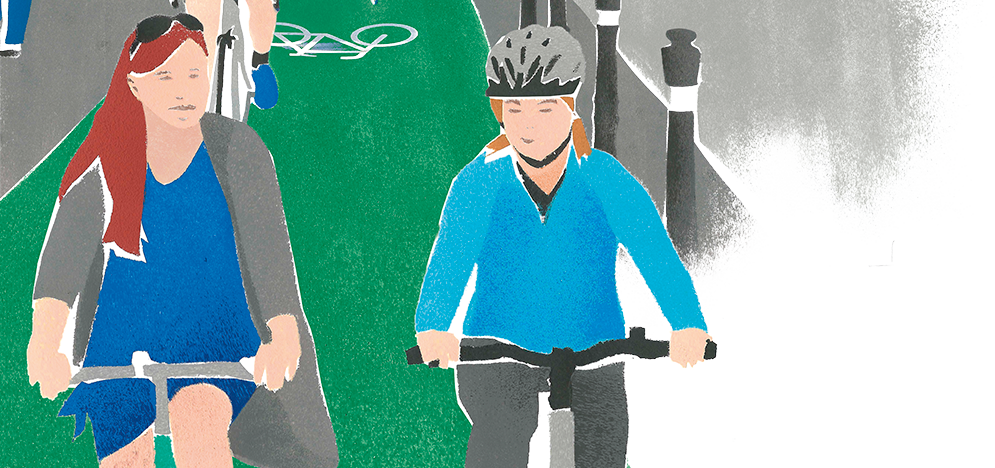 Radweg Titel Sind Radwege breit und vom Kfz-Verkehr geschützt, steigen Groß und Klein gerne aufs Rad.