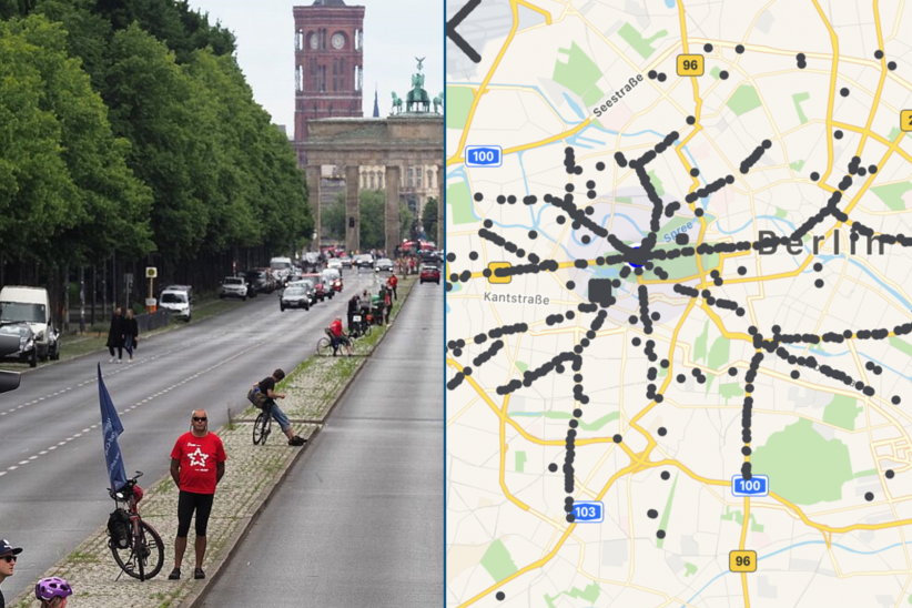 Fahrradstern 2020 Im linken Bild sieht man Menschen mit Fahrrad auf Abstand an der Straße des 17. Juni stehen, rechts ist eine Karte von Berlin, die über die Stadt verteilt Sternförmig Radfahrende symbolisiert.