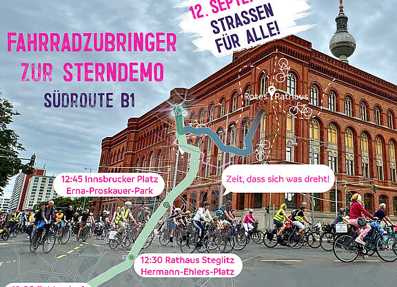 Sharepic zur Südroute B1 zur Sterndemo am 12.09.26 Sharepic des ADFC Steglitz-Zehlendorf zur Südroute B1 als Fahrradroute zur Sterndemo am 12.09.2026