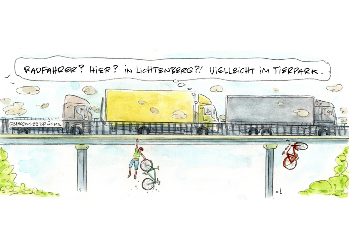 Cartoon Gehrenseebrücke in Lichtenberg Cartoon Gehrenseebrücke voller LKWs, Radfahrer und Rad hängen darunter