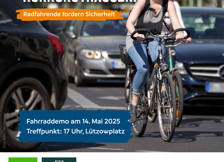 Sharepic zur Demo Horrorstraßen Sharepic mit verschiedenen Logos zur Ankündigung der Demo Horrorstraßen am 14.05.2025. Auf einen Foto sind zwei Radfahrerinnen zu sehen, die zwischen zahlreichen Autos kaum Platz zum Fahrradfahren haben