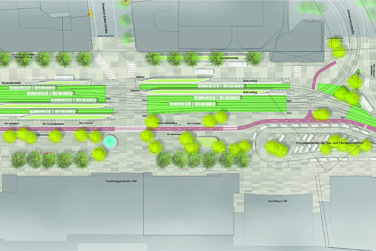 Das Bild zeigt eine schematische Darstellung der Planung des Bahnhofsvorplatzes