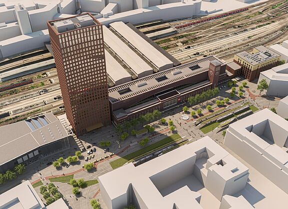 Das Bild zeigt eine Computersimulation, wie der Bahnhofsvorplatz aus der Vogelperspektive gesehen ausschaut.