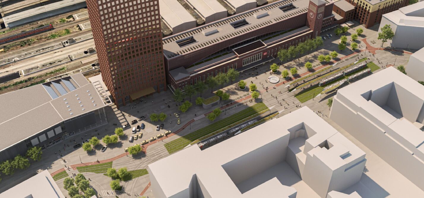 Das Bild zeigt eine Computersimulation, wie der Bahnhofsvorplatz aus der Vogelperspektive gesehen ausschaut.