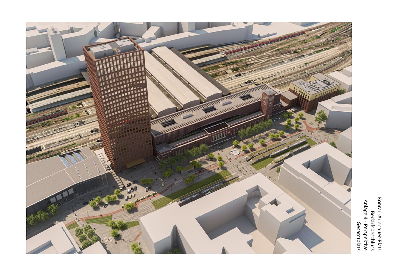 Das Bild zeigt eine Computersimulation, wie der Bahnhofsvorplatz aus der Vogelperspektive gesehen ausschaut.