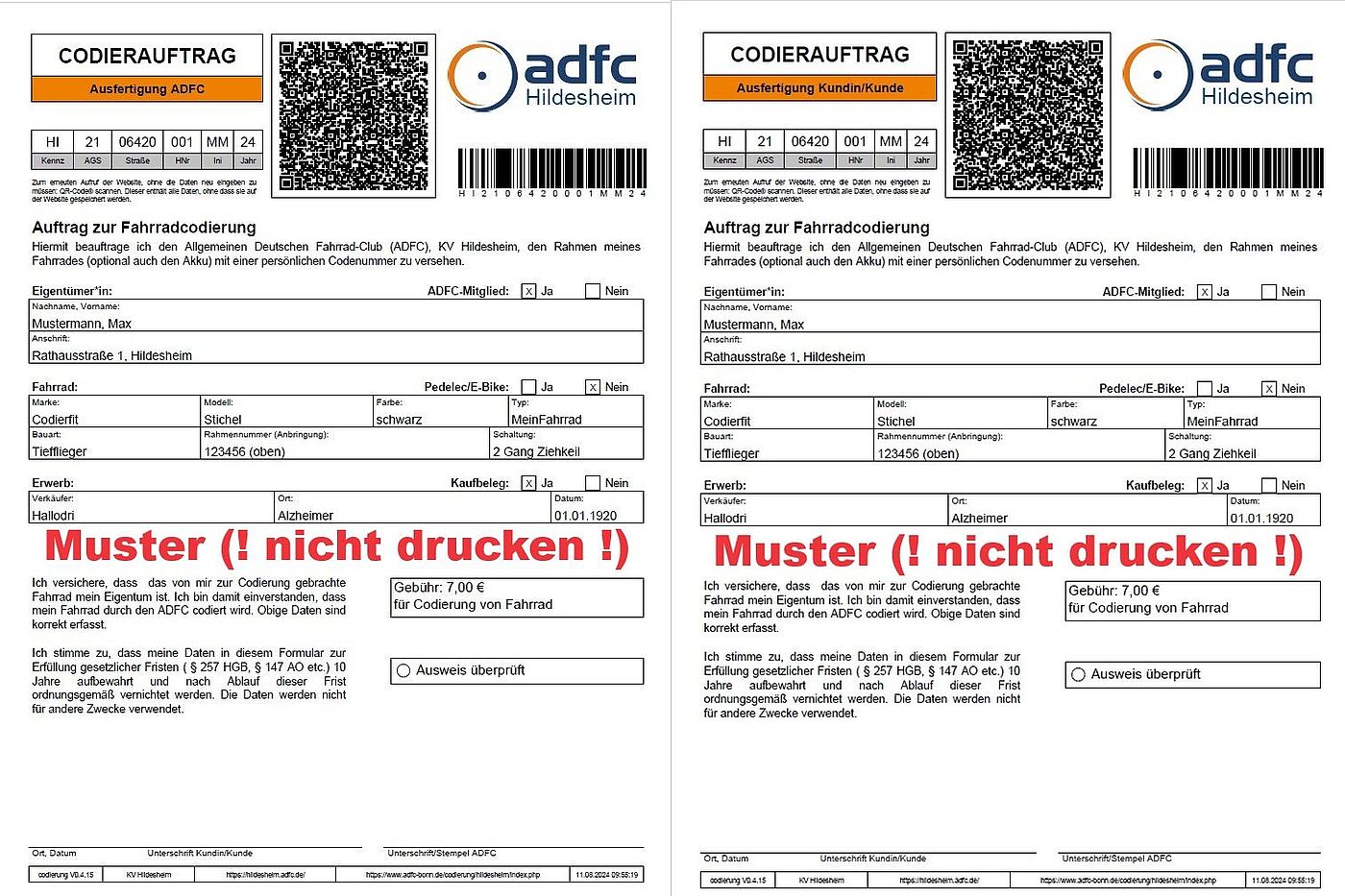 Musterformular Fahrradkodierung