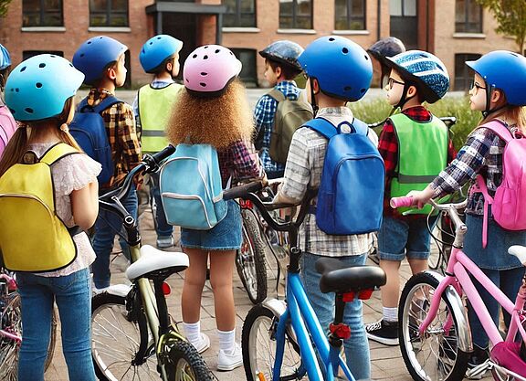 Mit Fahrrad: Viele Kinder auf dem Weg zur Schule