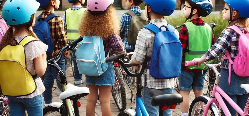 Aber sicher(er)! Mit Fahrrad: Viele Kinder auf dem Weg zur ihrer Schule Mit Fahrrad: Viele Kinder auf dem Weg zur Schule