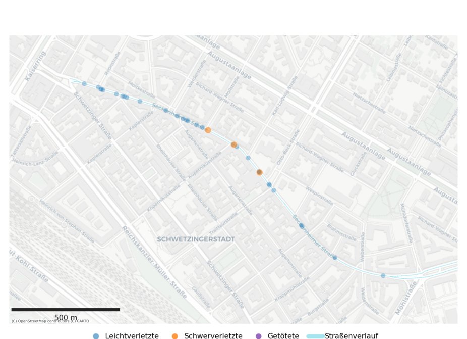 Unfallkarte Seckenheimer Straße 2016–2025 Karte der Seckenheimer Straße in Mannheim mit eingezeichneten Fahrradunfällen 2016–2025: 33 Unfälle verteilen sich über die gesamte Straße vom Tattersall bis zur Augustaanlage, darunter 30 mit Leichtverletzten und 3 mit Schwerverletzten.