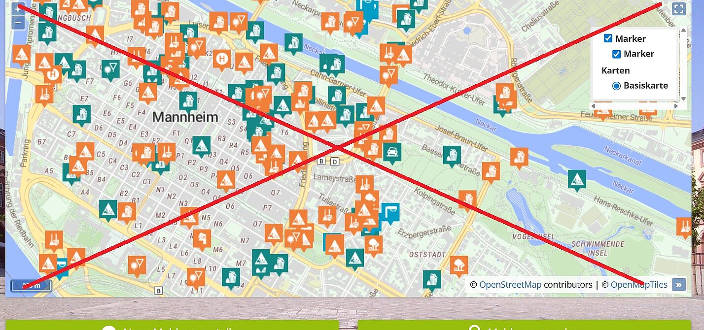 (Durchgestrichener) Screenshot vom Mannheimer Mängelmelder aus dem Dezember 2025