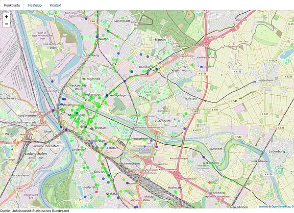 Rad-Unfallkarte Mannheim 2023 - Screenshot Das Bild zeigt einen Screenshot der Rad-Unfallkarte Mannheim 2023 des ADFC Mannheim