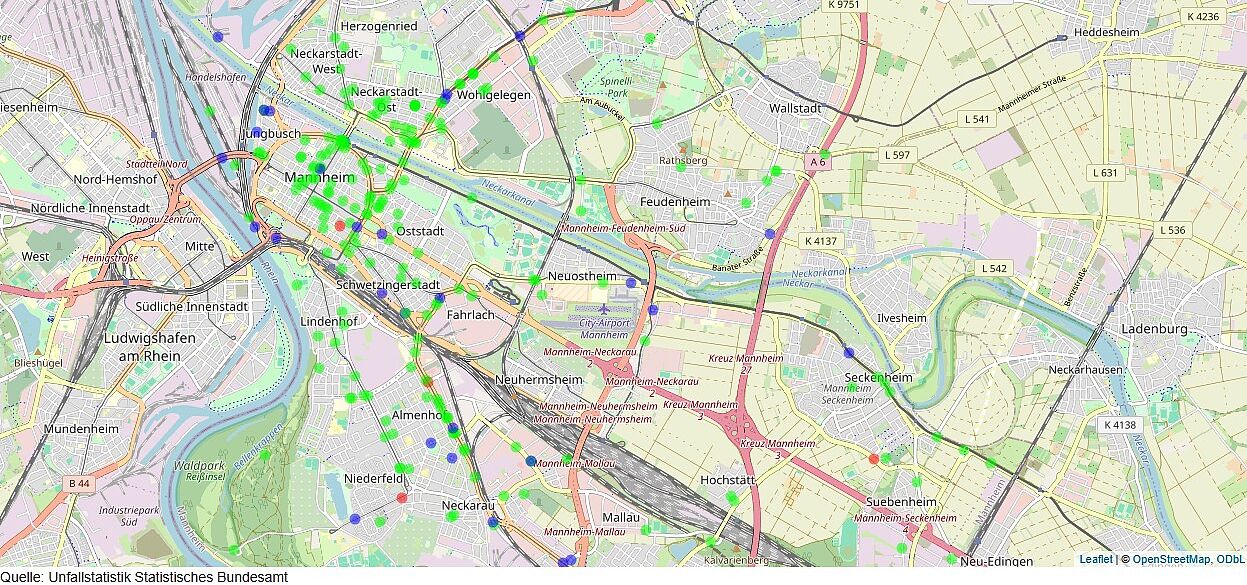 Das Bild zeigt einen Screenshot der Rad-Unfallkarte Mannheim 2023 des ADFC Mannheim
