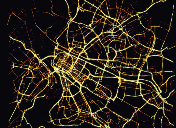Radverkehr in Mannheim – Stadtradeln-Daten Dunkle Karte des Mannheimer Straßennetzes, in der die von Stadtradeln-Teilnehmenden befahrenen Strecken nach Häufigkeit eingefärbt sind – hell leuchtend die meistgenutzten Radrouten, dunkelrot die selten befahrenen Wege.