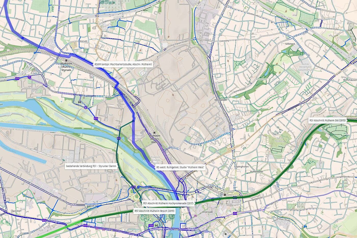 Die Karte stellt die Wegführung des RSWR in Mülheim an der Ruhr nach Planungsstand 2023 dar
