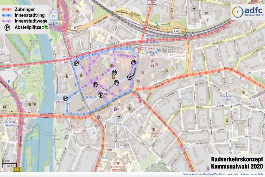 Optimale Radrouten durch die Innenstadt Mülheim Eine Karte der Innenstadt von Mülheim mit einem wünschenswerten Radwegenetz
