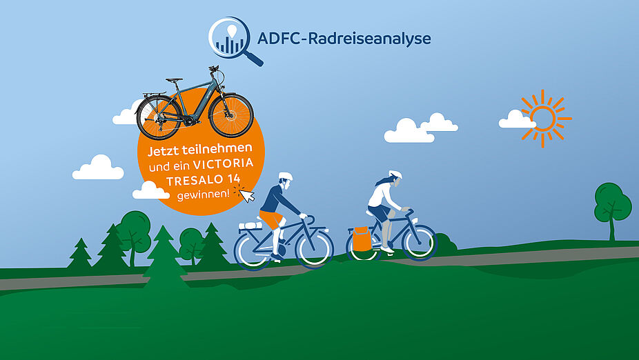 Keyvisual zur 25. ADFC-Radreiseanalyse mit Gewinnspielhinweis