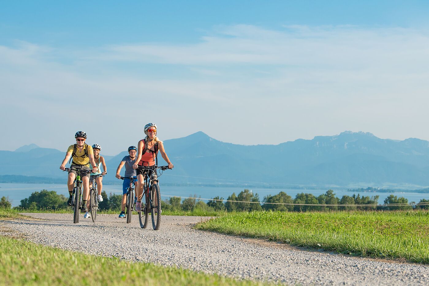 Vier Personen fahren mit Fahrrädern auf einem breiten Schotterweg durch eine grüne Wiesenlandschaft.
