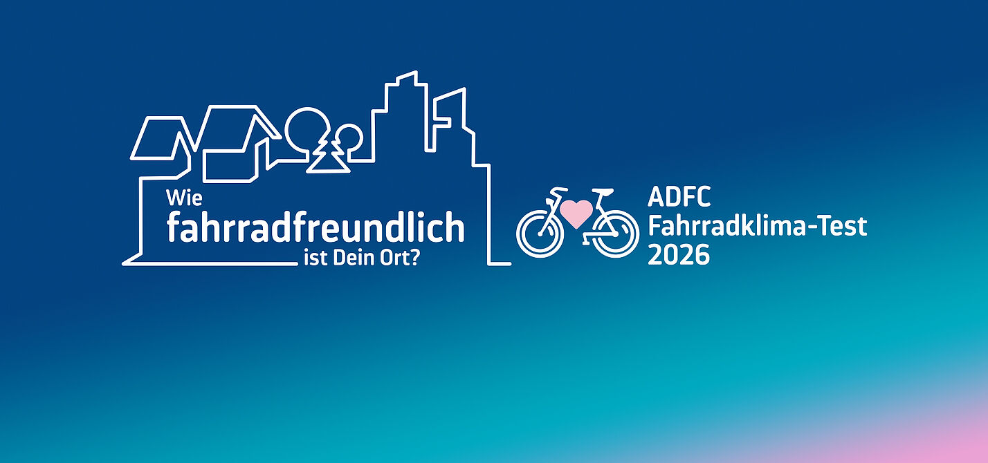 Logo FKT 2026 Logo des FKT 2026: Die Skyline einer Stadt mit dem Schriftzug "Wie fahrradfreundlich ist dein Ort? ADFC-Fahrradklima-Test 2026"