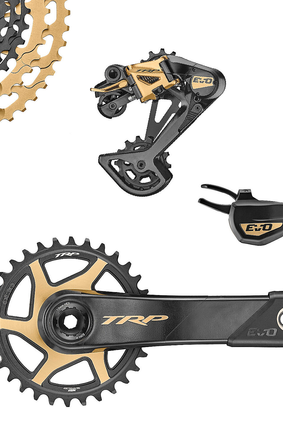 TRP EVO12 Die Einzelteile der TRP EVO12-Schaltung vor weißem Hintergrund.