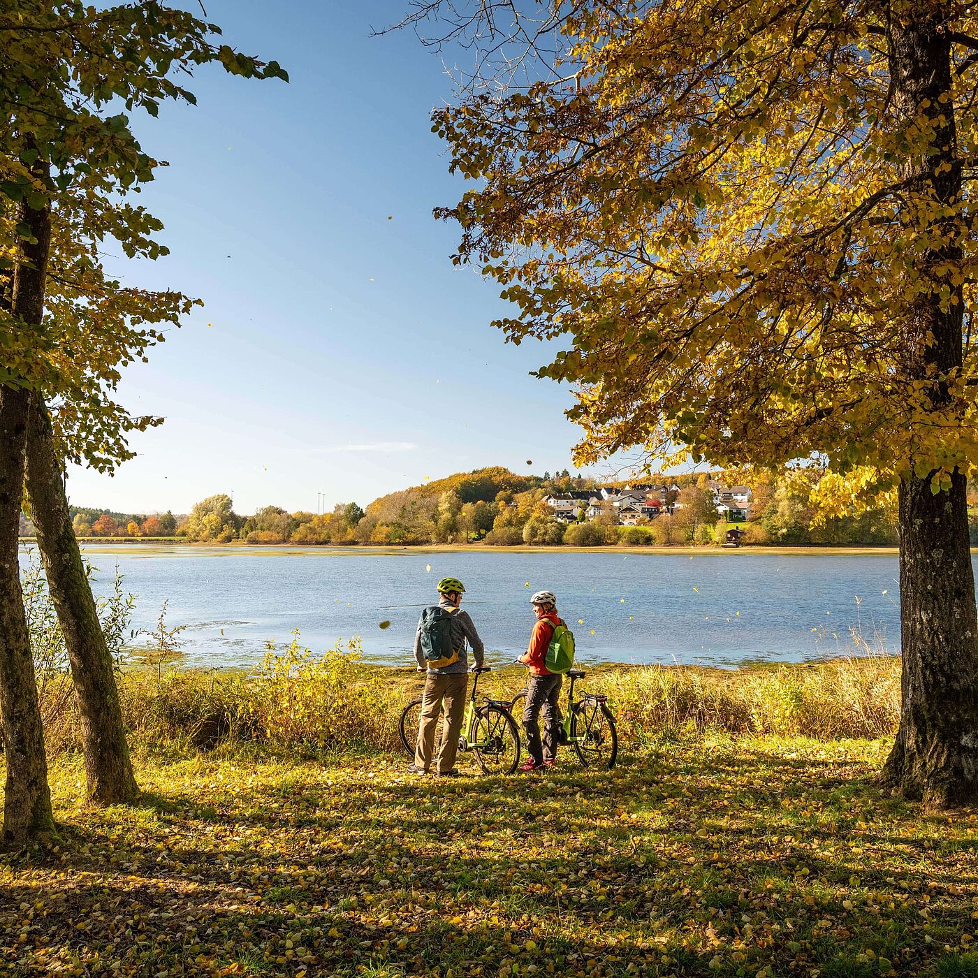Radtour am Wiesensee im Westerwald Zwei Menschen stehen mit ihren Fahrrädern unter herbstlich gefärbten Bäumen am Ufer eines Sees. Am gegenüberliegenden Ufer liegt ein kleines Dorf.