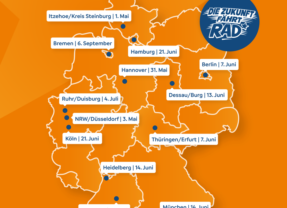 Übersichtskarte Sternfahrten 2026 Man sieht eine Deutschlandkarte mit allen Sternfahrten 2026 mit Ort und Datum