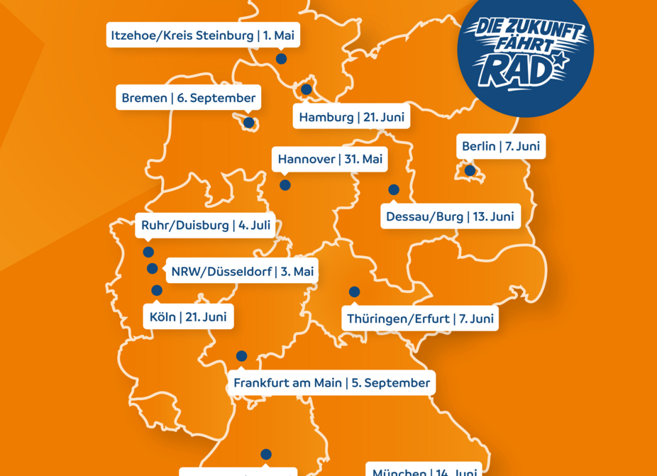 Übersichtskarte Sternfahrten 2026 Man sieht eine Deutschlandkarte mit allen Sternfahrten 2026 mit Ort und Datum