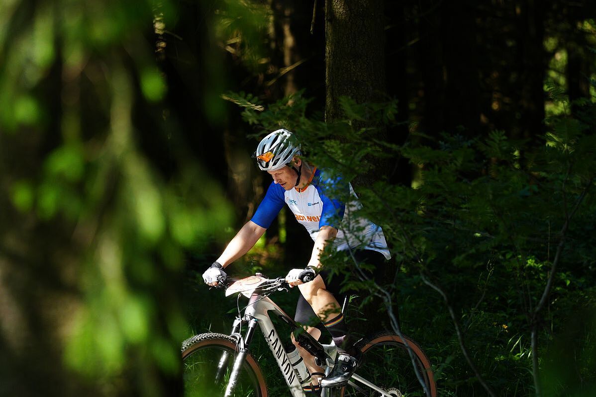Sonnenstrahl Ein von der Sonne beschienener Mountainbiker in der Bildmitte, eingerahmt von Vegetation.