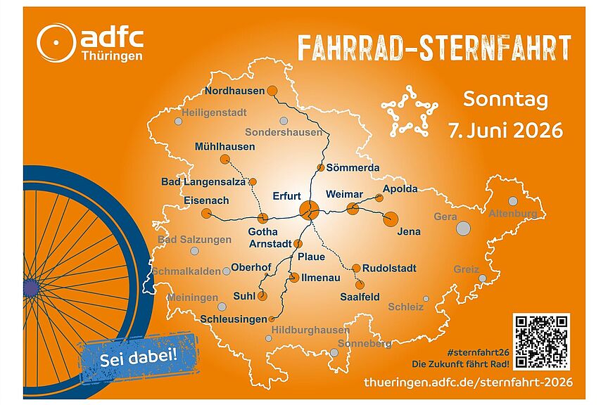Thüringer Fahrrad-Sternfahrt Zu sehen ist eine Grafik zur Thüringer Fahrrad-Sternfahrt, die den Routenverlauf der Demonstration zeigt.
