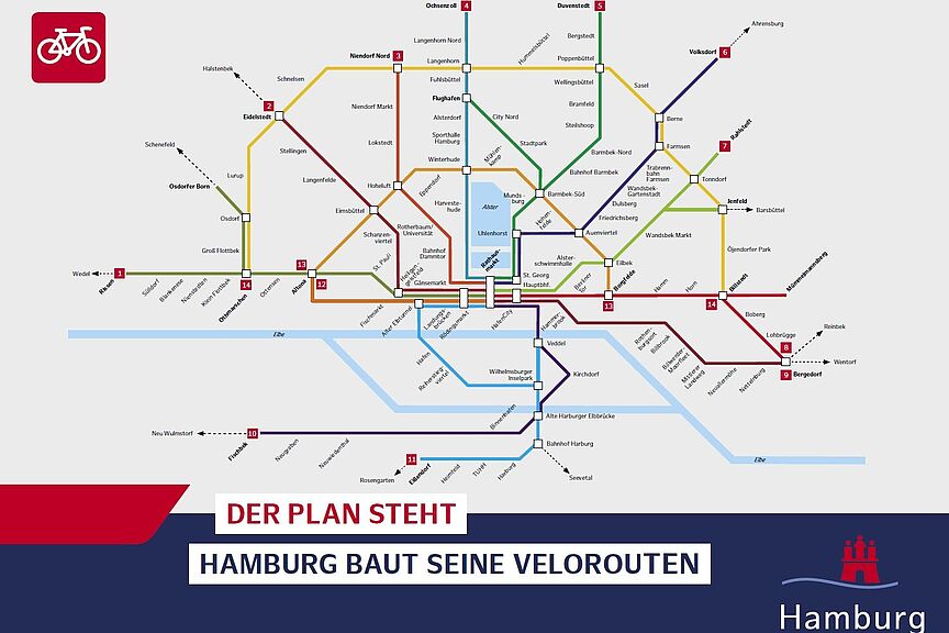 Hamburgs Plan für seine Velorouten. Hamburgs Plan für seine Velorouten.