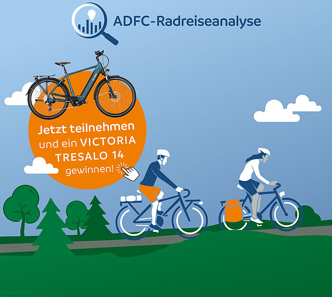 Grafik zur ADFC-Radreisenanalyse 2024, zwei Personen fahren Rad, mit Kreis, der auf Gewinn eines Elektrofahrrads von Victoria hinweist