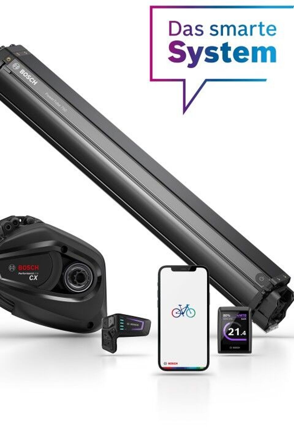 Bosch Smart System Motor, Akku, Display und Smartphone zeigen das Smart System von Bosch.