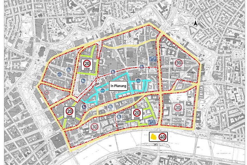 Blockkonzept Frankfurt am Main Das Bild zeigte eine Straßenkarte der Frankfurter Innenstadt auf dem das Blockkonzept eingezeichnet ist.