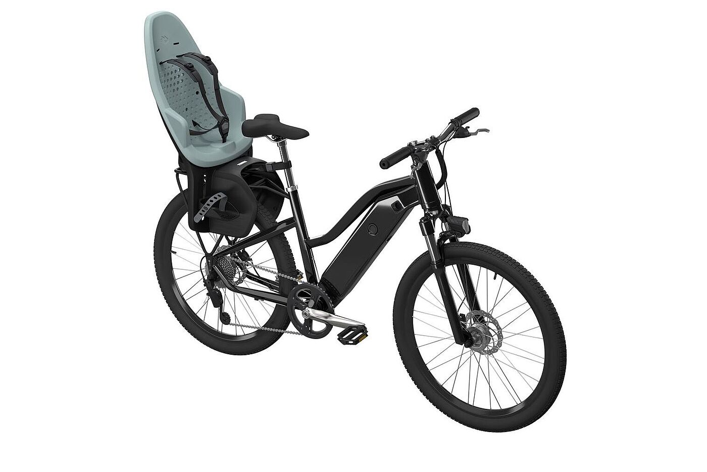 Kindersitz Thule Yepp für Systemgepäckträger auf einem Fahrrad montiert