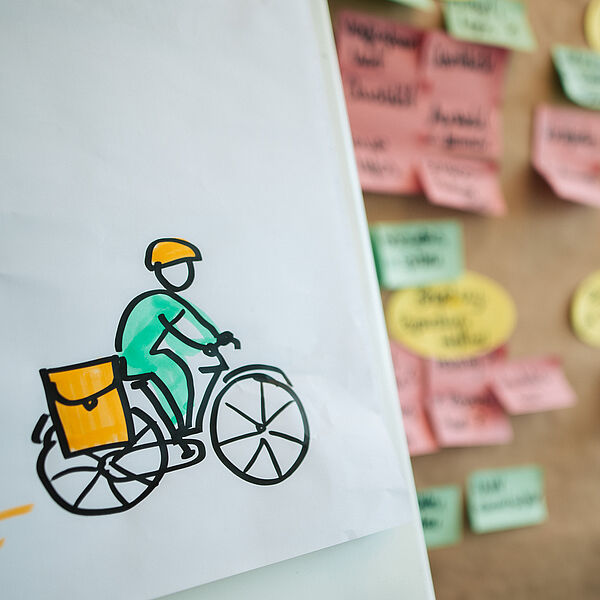 Session "Mietradangebote für Radtourist:innen" Symbolbild für Workshop mit Flipchart und Pinnwand