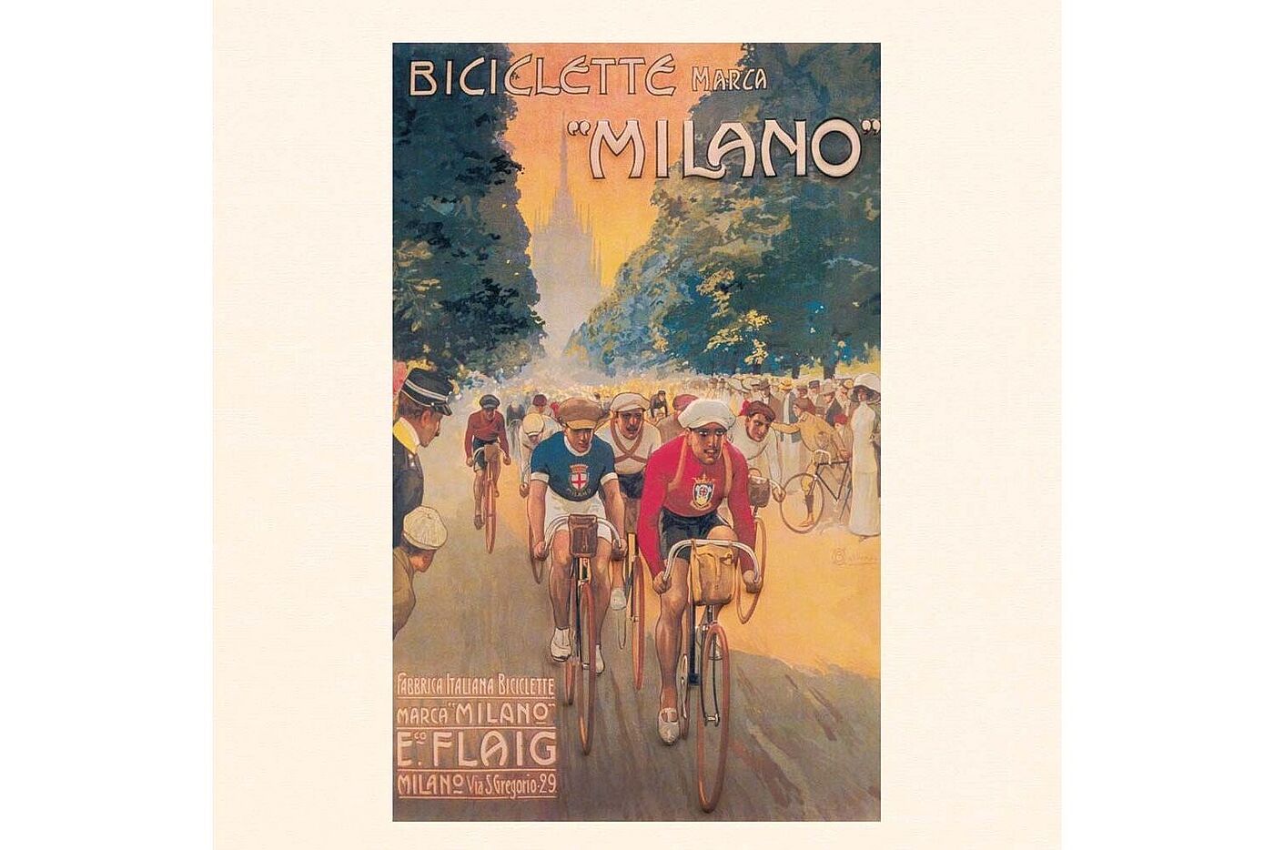 Kalender 2 Illustration eines Radrennens auf einer breiten Allee, mehrere Fahrer in alten Renntrikots fahren dicht hintereinander, am Rand stehen viele Zuschauen