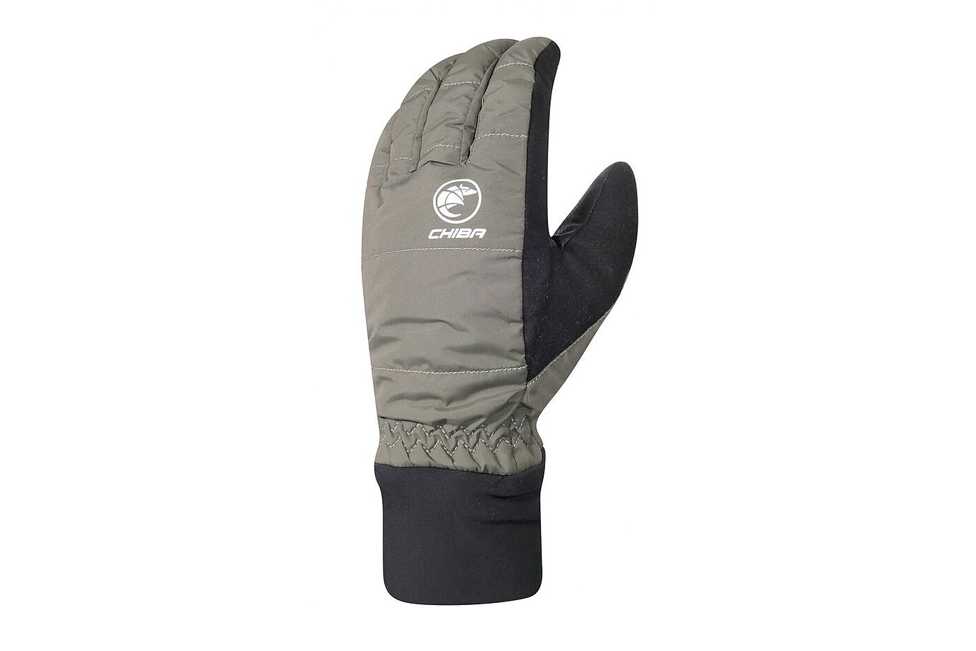 Cityliner grün Grüner, wattierter Winterhandschuh mit langem Bündchen vor weißem Hintergrund.