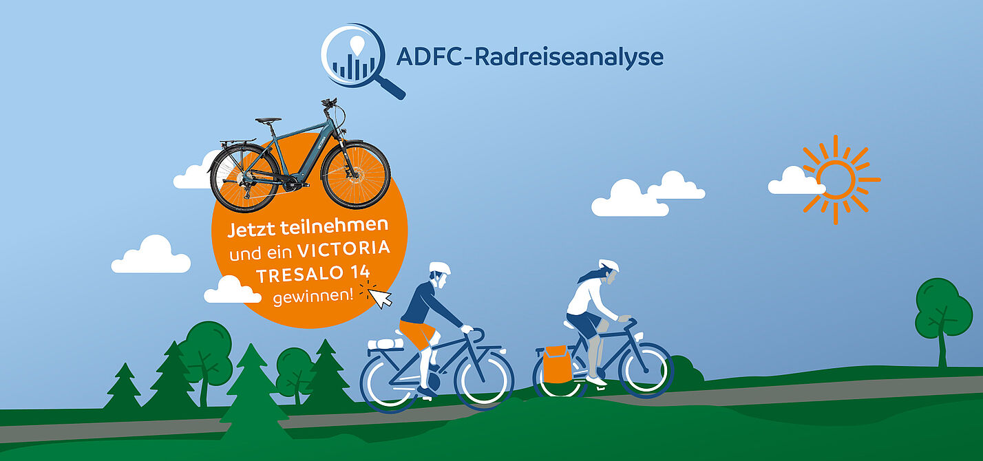 ADFC-Radreisenanalyse Großbild mit Störer Grafik zur ADFC-Radreisenanalyse, zwei Personen fahren Rad, ein Kreis mit Info, dass man ein Fahrrad gewinnen kann