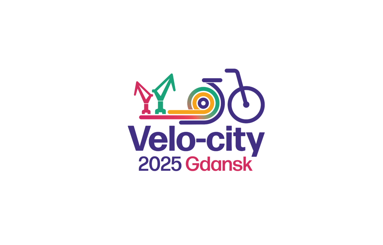 Das Logo der Velo-city 2025 Konferenz in Danzig zeigt einen stilisierten Hafenkran und ein Fahrrad in bunten Farben.
