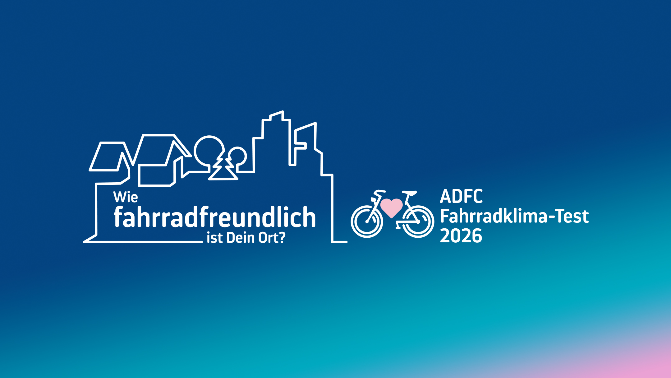 Logo des FKT 2026: Die Skyline einer Stadt mit dem Schriftzug "Wie fahrradfreundlich ist dein Ort? ADFC-Fahrradklima-Test 2026"