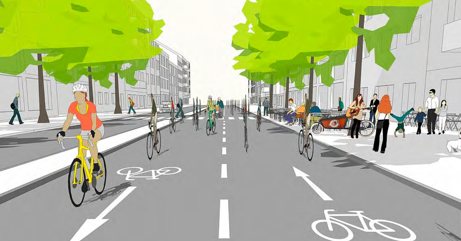 EIne Grafik einer Straßenszene mit vielen Radfahrenden. 