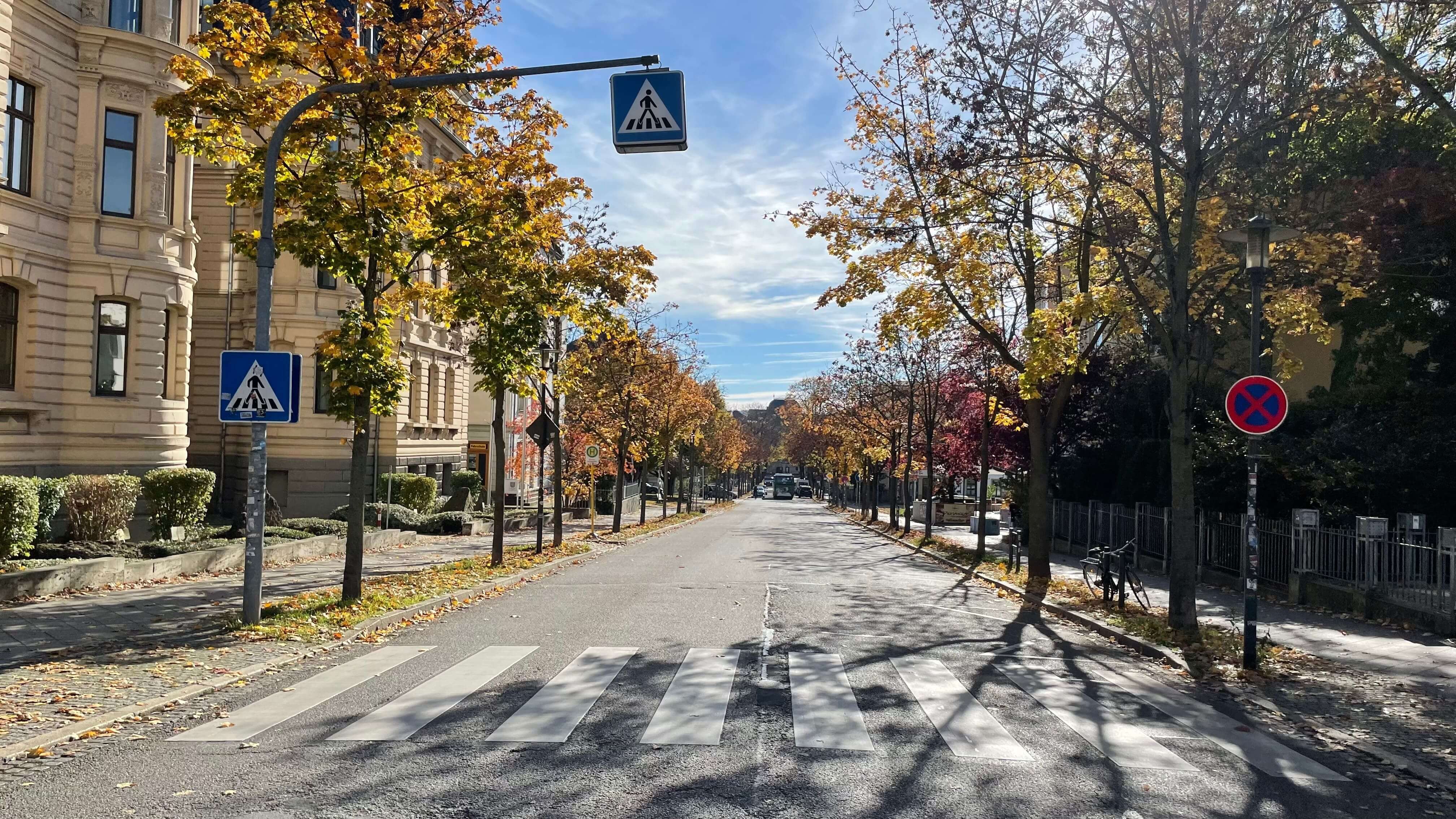 Herbstliche Straßenszene mit Zebrastreifen
