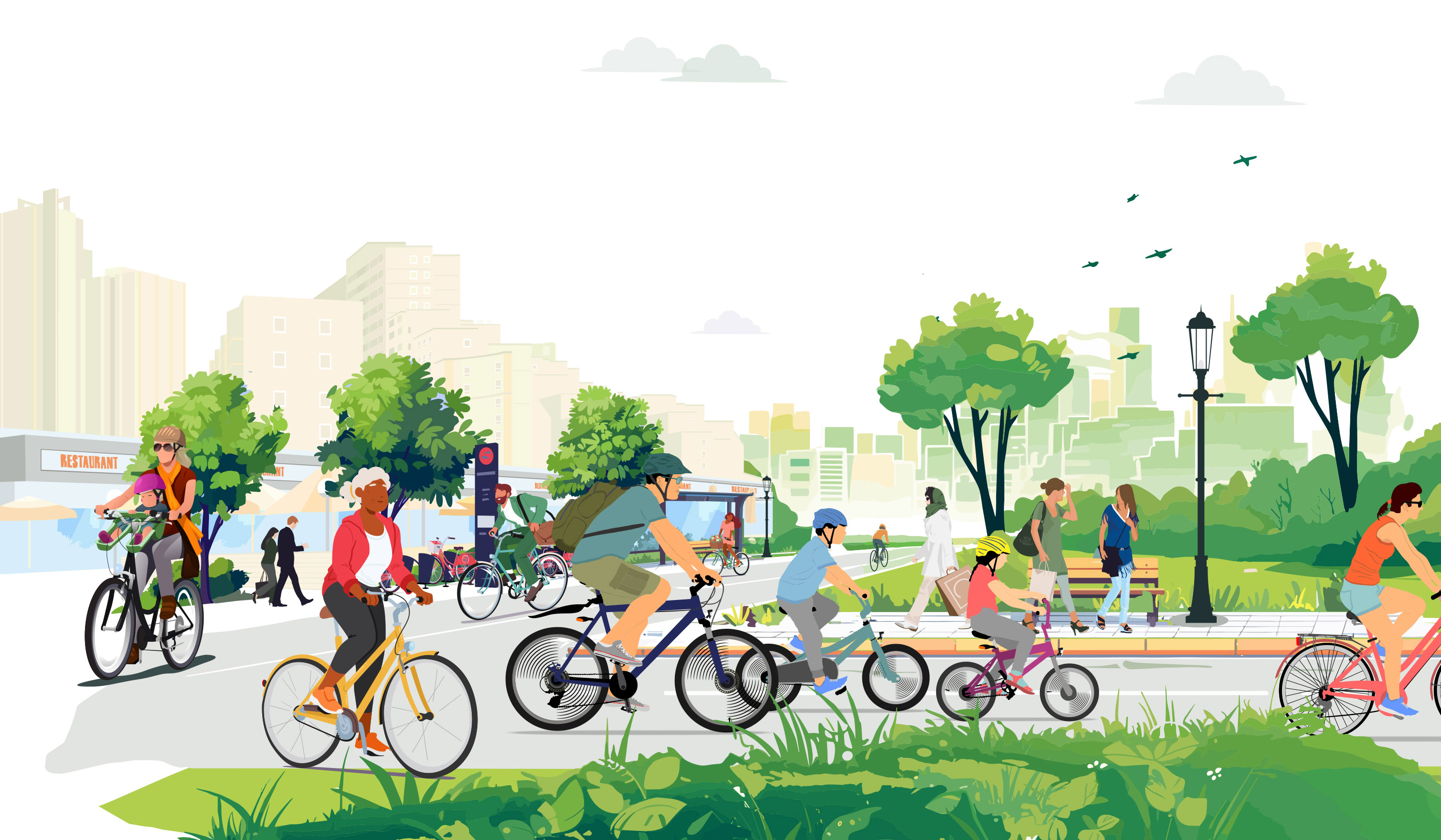 Illustration einer fahrradfreundlichen Stadtszene: Menschen jeden Alters fahren auf einem breiten, geschützten Radweg.