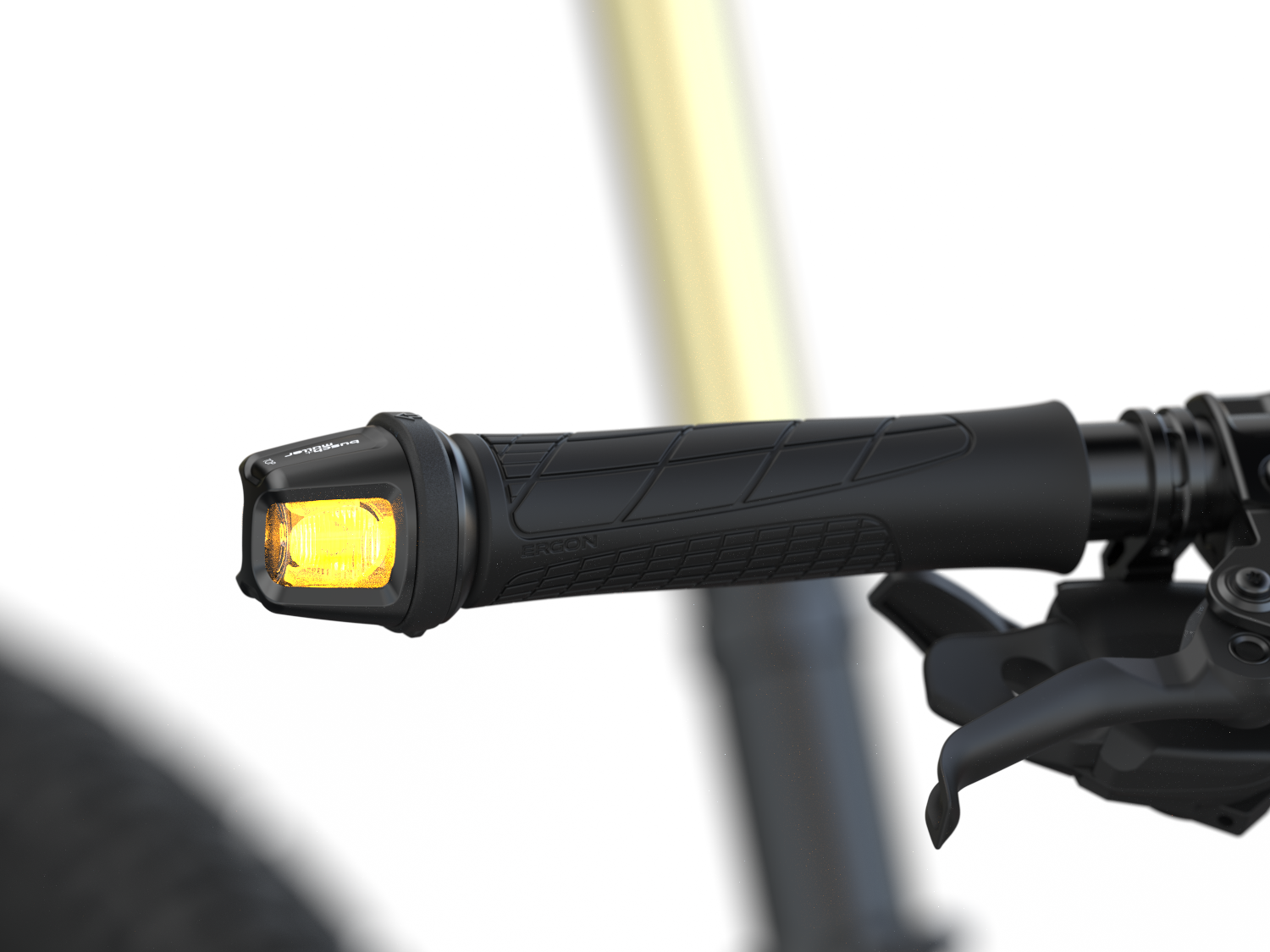 Ein Fahrradblinker im Lenkerende. 